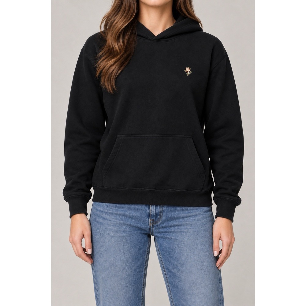 Express Womens Hoodie Black Chest Flower Embroidered Kangaroo Pocket Pullover XL